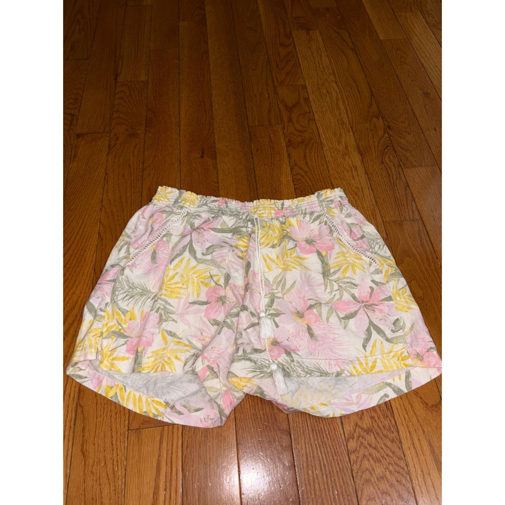 Briggs Tropical Floral Linen Blend Smocked Waist Tassel Shorts XL Pink Yellow